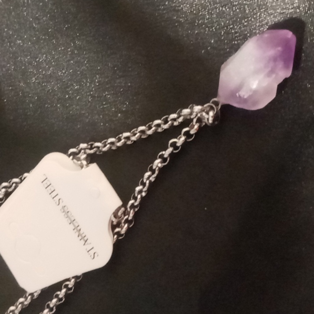 Amethyst crystal natural stone pendant on stainless steel rolo chain  20 inches